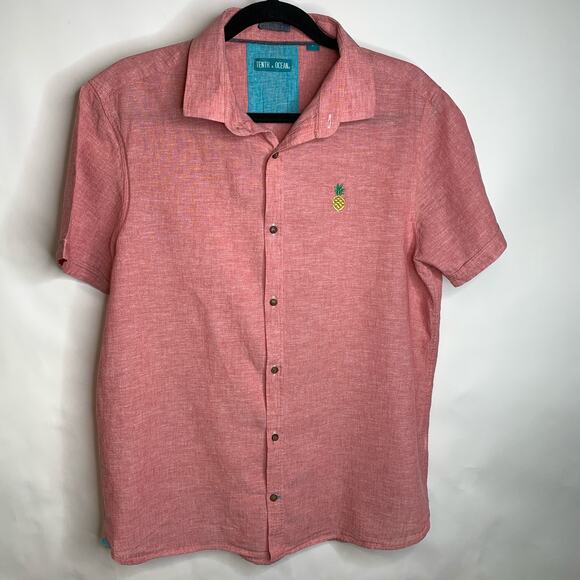 Tenth & Ocean Linen Red Button Front Short Sleeve Shirt Sz Large - Picture 1 of 6